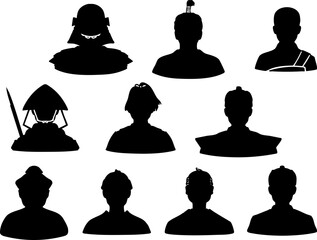 日本の江戸時代戦国時代の男性イメージモノクロアイコンセット