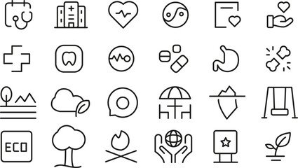 Healthcare, Nature, and Wellness Line Icons A Collection of 24 Minimalist Vector Graphics for Websites and Apps