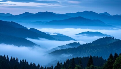 Foggy mountain valley enveloped in dusky blue tones, distant peaks fading into a peaceful, silent skyline