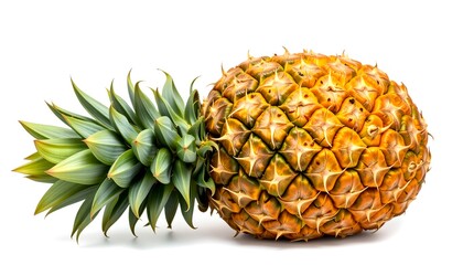 vibrant ripe pineapple isolated, showcasing its intricate textures and tropical appeal. Close up view of fresh fruit with the lush green leaves. 