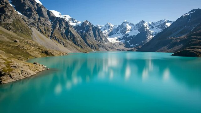 Single kayaker on glassy turquoise alpine lake with perfect mountain reflection