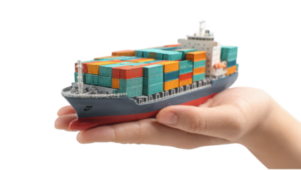 Container ship on hand png in 3d transparent no background in trade tariff and tax concept.