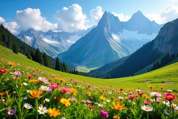 Serene alpine meadow nestled amongst towering, snow-capped mountains Wildflowers bloom vibrantly, bathed in sunlight A breathtaking vista of nature's grandeur , sky, elevation