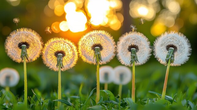 Close-up of dandelion seed heads backlit by a golden sunset