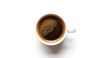 A close-up overhead shot of a cup of coffee on a simple backdrop, evoking the comforting ritual of a morning caffeine fix