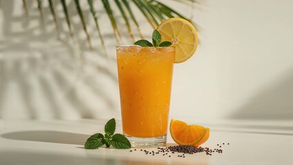 Fototapeta premium Refreshing orange smoothie in a tall glass, garnished with lemon and mint.