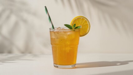 Iced citrus drink garnished with lemon slice and mint.
