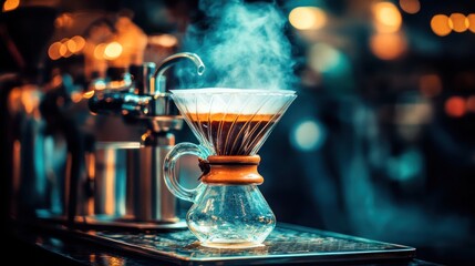 Coffee brewing process in a cafe