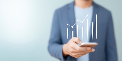 Business professional holding smartphone with digital graph overlay, representing data analysis and growth, showcasing modern technology and innovation in a professional setting