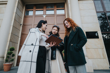 A group of three professional women discussing work documents and ideas while standing outside an...