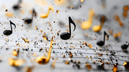 Abstract musical composition featuring floating notes and gold accents.