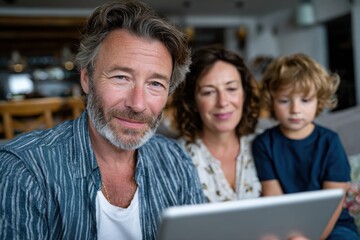 A father and mother share a moment with their child while exploring digital content on a tablet, demonstrating modern family connections in a contemporary home environment.