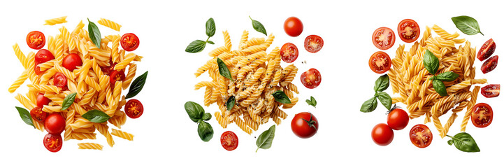 Set of various pasta with tomatoes, top view isolated on transparent background