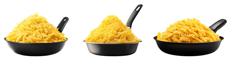 Set of various mountain of plain pasta in a pan isolated on transparent background
