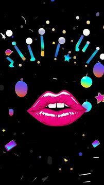 Graphic of pink lips in a comic-style speech bubble with abstract black lines on a purple background.