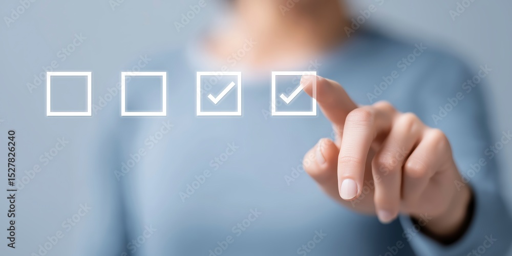 Poster woman interacting with digital checkboxes on a touchscreen, showcasing modern technology and user in