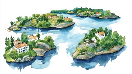 Stockholm Archipelago. Stockholm Archipelago hand drawn watercolor illustration