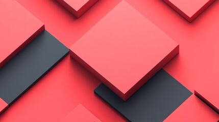 Abstract geometric pattern of overlapping squares in coral and dark gray.