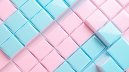 Abstract geometric pattern of light pink and light blue squares, creating a dynamic, three-dimensional effect.