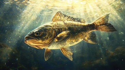 Naklejka premium Golden fish underwater, sunlight beams
