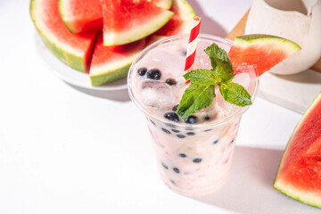 Watermelon boba balls bubble tea cocktail