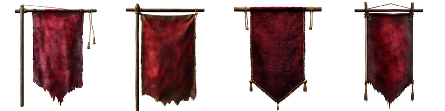 Set of Grunge Red Banners and Flags on Wooden Poles with Transparent Background