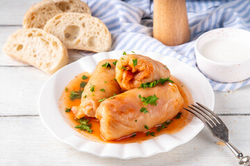 Cabbage rolls, stuffed golubtsi with meat and vegetable fillings