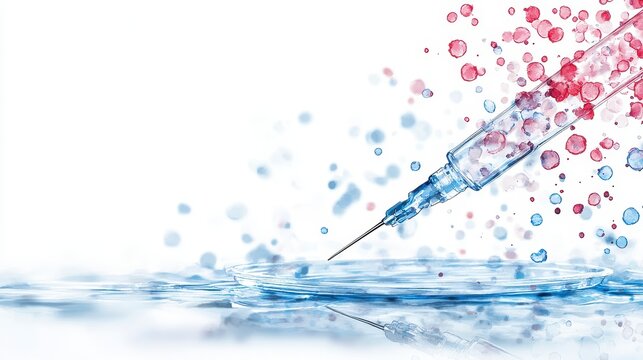 A close-up macro shot reveals a sye dispensing a fluid onto a petri dish; red and blue droplets disperse artistically showcasing a medical or scientific process related to