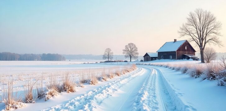 Serene winter landscape in rural area Snow covered fields, distant farmhouse, bare trees under a clear sky Perfect for winter, rural, and nature themes , bare trees, quiet - Powered by Adobe