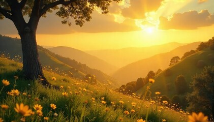 Serene landscape bathed in golden sunlight, symbolizing divine goodness and the purity of creation Perfect for religious, spiritual, or inspirational projects , tranquility, balance, light