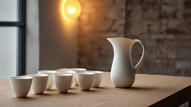 A white ceramic pitcher stands next to several cups arranged on a wooden table near a window, bathed in natural light in an interior space