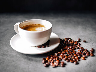 Coffee cup and coffee beans on gray background,  Espresso coffee cup aromatic