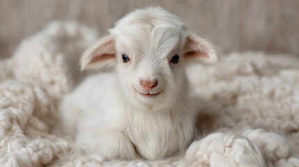 Fototapeta premium Adorable fluffy white baby goat on cream background