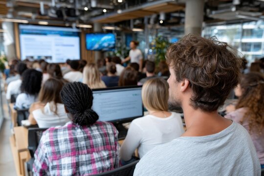 A diverse group of individuals sitting in a learning environment, focused on presentations, representing the importance of education, collaboration, and knowledge-sharing in modern society.