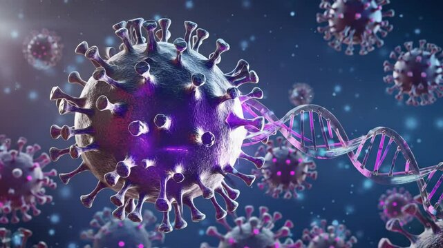 Virus replication, viruses replicate with unraveling DNA strands visualized in sci-fi animation