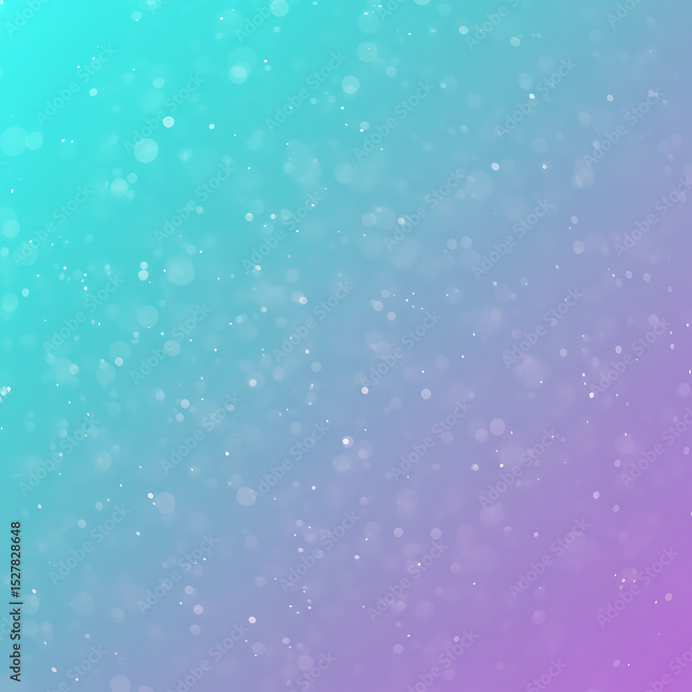 Poster an abstract background with sparkling particles and bokeh on a soft turquoise and purple gradient. a