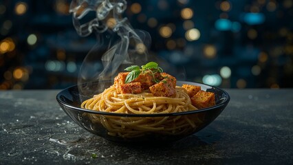 Aromatic spaghetti dish with toasted croutons and herbs.