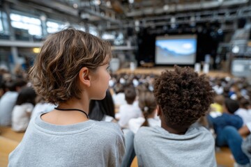 A captivating image of children attentively observing a presentation in an auditorium, representing focus, learning, and the communal experience of education in a dynamic environment.