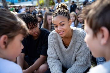 Obraz premium A joyful scene captures young adults interacting and connecting in an outdoor setting, surrounded by a lively group of peers, fostering community and collaboration.