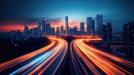 Stunning cityscape at sunset showcasing vibrant highway traffic light trails against a modern city skyline