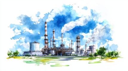 Obraz premium A high-quality watercolor painting depicts a detailed petrochemical refinery plant with smokestacks emitting smoke under a vibrant blue sky, showcasing industrial infrastructure