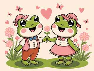 Obraz premium Cute frog couple in love with butterflies and hearts in a whimsical spring setting