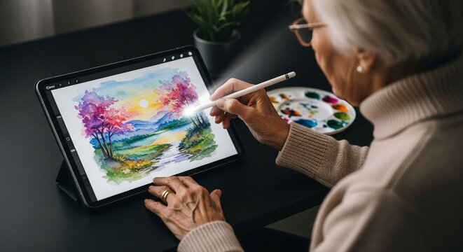 Elderly Woman Using Digital Tablet for Painting - Powered by Adobe