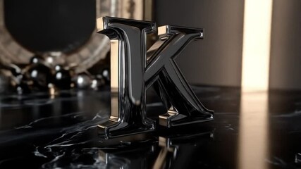 Shiny Black Letter K on Marble Surface with Reflective Background - Powered by Adobe