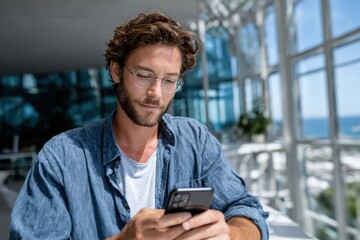 A young man with tousled hair interacts thoughtfully with his smartphone in a bright environment, reflecting modern lifestyle trends and personal connection to technology.