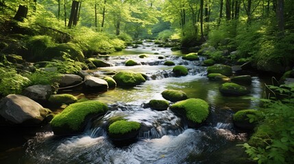 beautiful green dark summer forest with river and moss on rocks