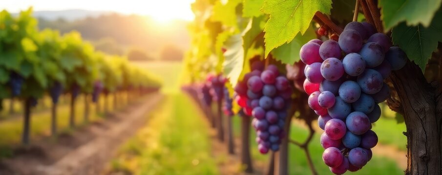 Sunlight dapples rows of ripe, purple grapes hanging heavy on the vine, ready for harvest A beautiful autumnal scene depicting the bounty of the vineyard , green leaves, grapevine