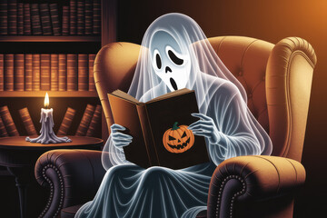 Ghost reading a book in cozy library with candlelight