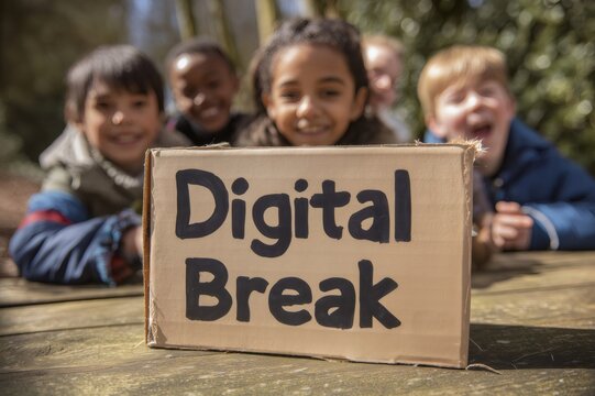 Children taking a digital break outdoors in the park
