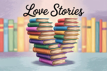Colorful heart-shaped book stack on pastel background for love stories concept